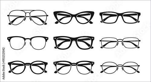 Collection of diverse eyewear a variety of black and clear framed glasses