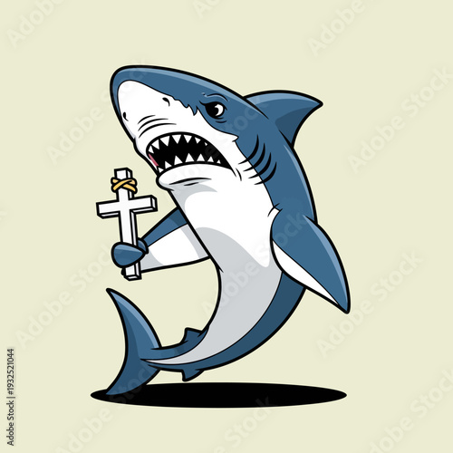 Angry Christian Shark Holding Cross, Cartoon Character