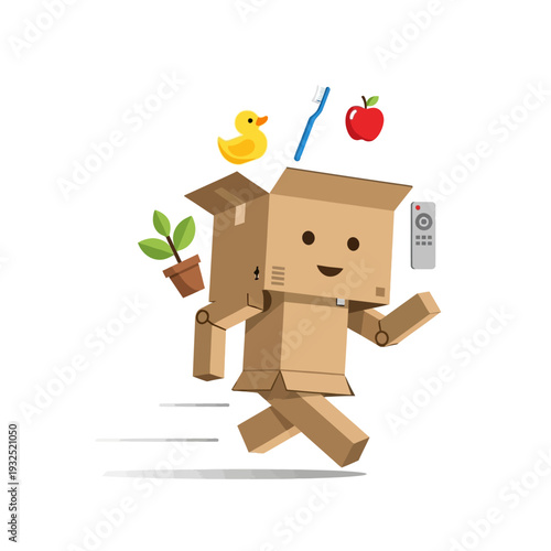 Cardboard Robot Character Carrying Box, Moving House, with Household Items