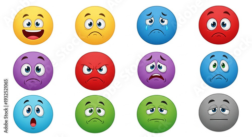 Collection of colorful cartoon emoticons expressing various emotions and feelings.