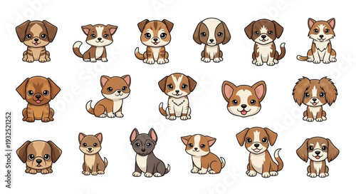 Adorable cartoon puppies in various poses, showcasing cuteness and charm.
