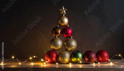 Festive Christmas Tree Made of Baubles and Lights for Holiday Season Celebration and Decoration.