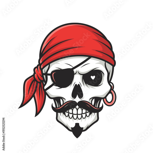 Pirate Skull with Eye Patch, Moustache, and Red Bandana - Vector Illustration
