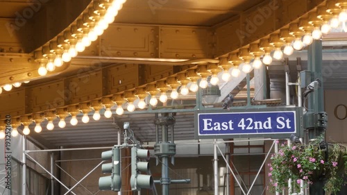Grand Central Terminal on East 42 street, New York City Manhattan Midtown roadsign. Details of railway building entrance in United States. American public railroad transport. Road sign and light bulbs