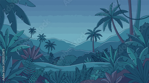 Stylized cartoon tropical jungle landscape at night with palm trees