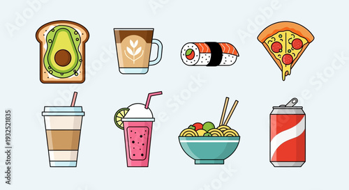 Collection of delicious food and drink items in cartoon style.