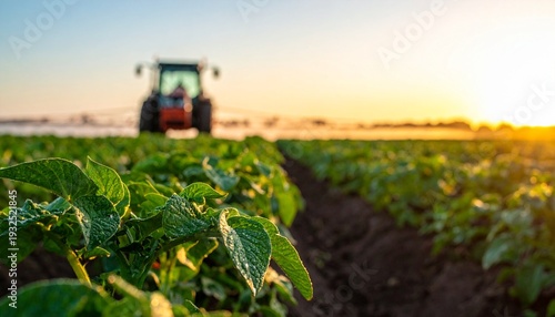 Agricultural Field at Sunset with Tractor Cultivated Land and Growing Plants for a Farm Harvest.