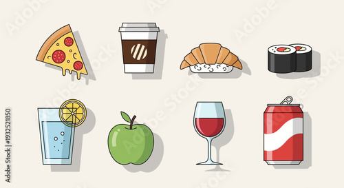 Collection of delicious food and drinks in a flat design style.