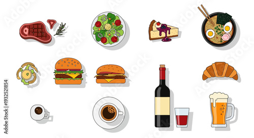 Collection of delicious food and drinks displayed artfully.