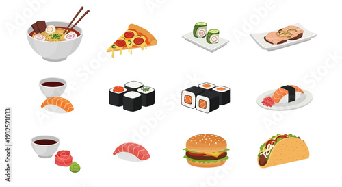 Collection of Delicious International Food Items and Dishes.