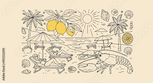 Retro line art summer beach scene with women and lobster