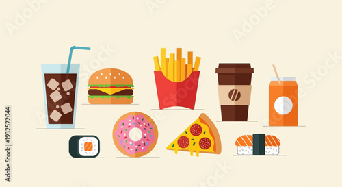Collection of Fast Food and Drinks Assortment.