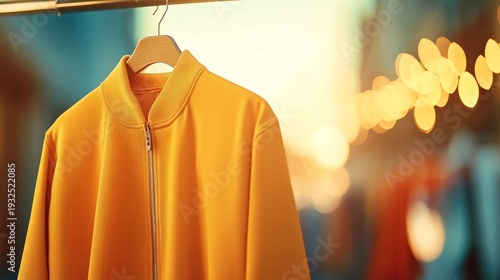 Wallpaper Mural A vibrant yellow jacket hangs on a wooden hanger, illuminated by soft bokeh lights in the background Torontodigital.ca