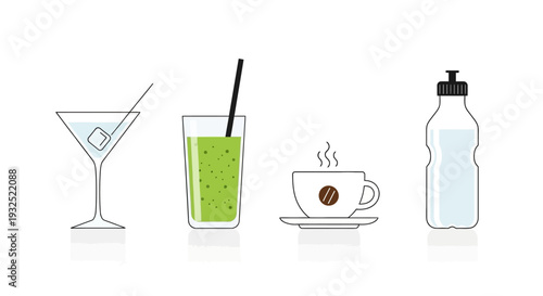 Collection of four different beverages in glasses and bottle.