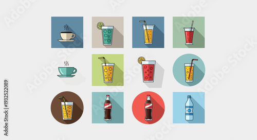 Collection of Flat Design Drink Icons with Long Shadows.