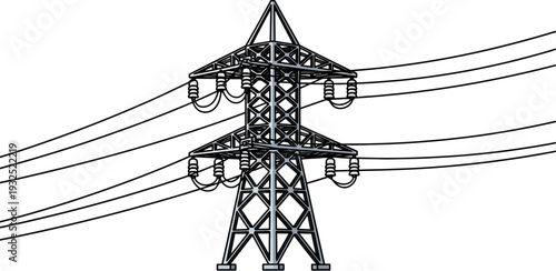 Detailed vector illustration of an electricity pylon with multiple power lines extending across a white background.