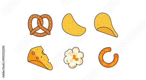 Collection of popular snack food items depicted in a cartoon style.