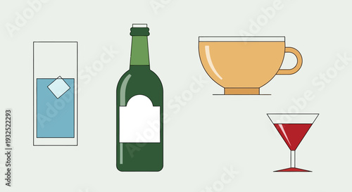 Collection of Various Drinks and Beverages in Glasses and Bottle.