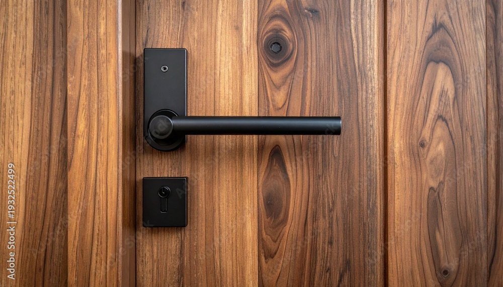 Fototapeta premium Modern Interior Wooden Door with Black Handle Close Up Home Security and Design Concept New and Secure Entrance.