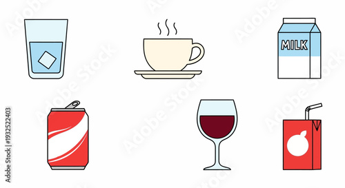 Collection of six different beverage icons in a flat design style.