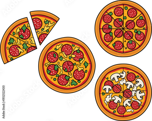 Assorted pizza collection top view, pepperoni and mushroom Italian fast food pies with slice cartoon vector illustration set