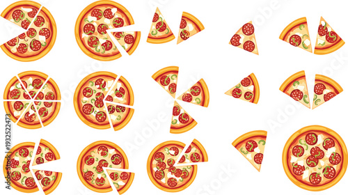 Pepperoni pizza slices and whole pies collection, Italian fast food top view set, delicious cartoon vector illustration