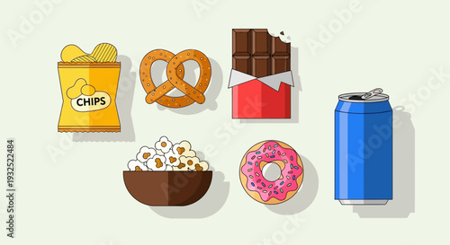 Collection of Unhealthy Snacks and Drinks Assortment.