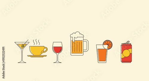 Collection of Various Beverage Icons in a Line.