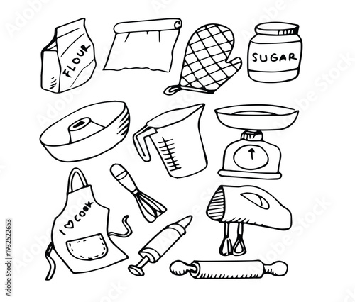 Hand drawn set of baking elements and tools for making culinary products. Doodle style.