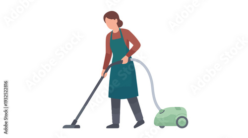 Woman vacuuming with a canister vacuum cleaner, flat illustration style