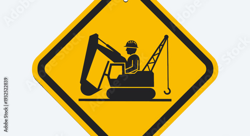 Construction Warning Sign with Excavator and Worker Icon.