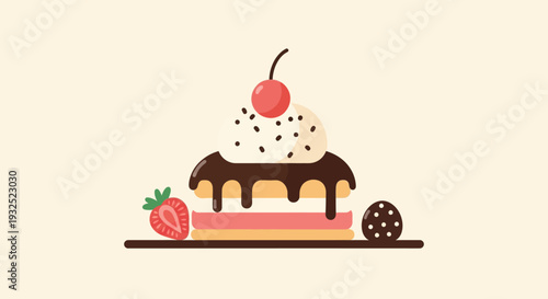 Delicious layered cake with cherry and strawberry decoration.