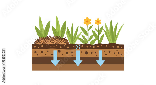 Cross section of soil layers showing plant roots and water infiltration.