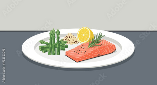Delicious Salmon Fillet with Asparagus and Lemon Slice.