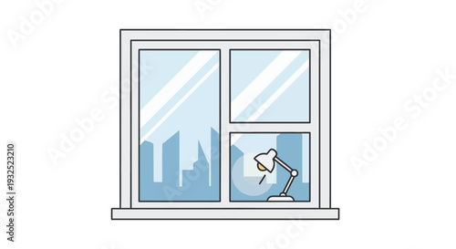 Desk lamp on a windowsill with city view.