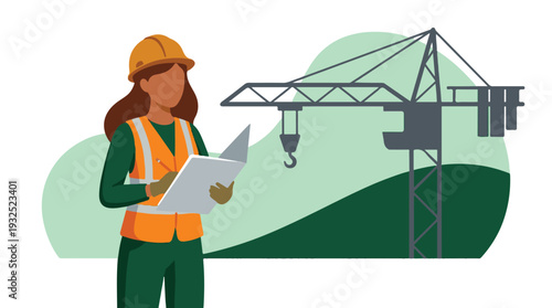 Female engineer in hard hat and safety vest reviewing construction plans