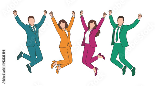 Diverse business team in suits celebrating success, jumping with arms raised