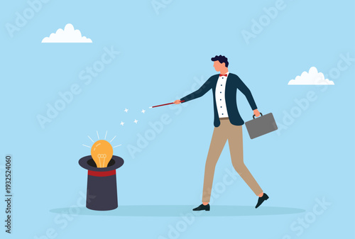 Vector illustration of a businessman performing a magic trick pulling a light bulb from a hat symbolizing innovation and bright ideas
