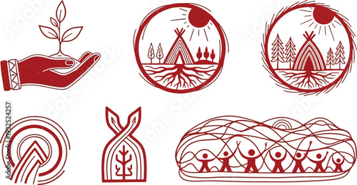 Symbolic vector graphic illustrations representing nature, growth, and community concepts.