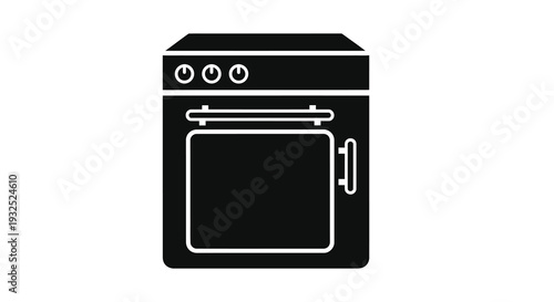 A stark black graphic depicts a modern kitchen range with controls oven and door handle silhouette high quality professional