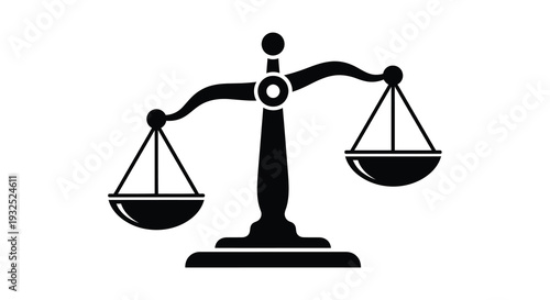 A stark black graphic depicts a traditional scale of justice symbolizing balance and fairness as a distinct silhouette