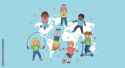 Diverse children engaged in various physical activities around the globe.