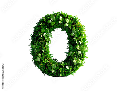 Lush green "O" shape crafted from natural foliage, isolated on a stark black background