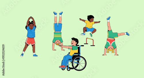 Diverse children engaging in various physical activities and sports.
