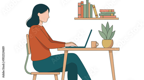 Woman working remotely on laptop in a minimalist home office environment