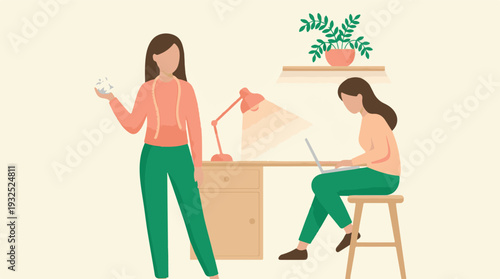 Working women: designer with crumpled paper and woman on laptop