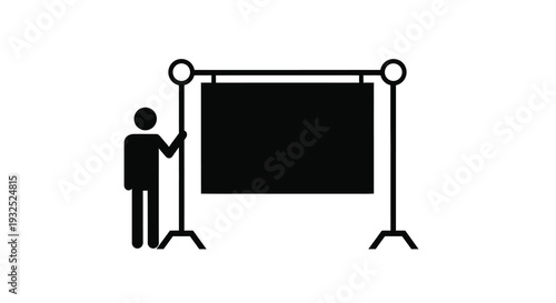 A stark black silhouette of a person presenting to a blank rectangular screen on a stand silhouette high quality