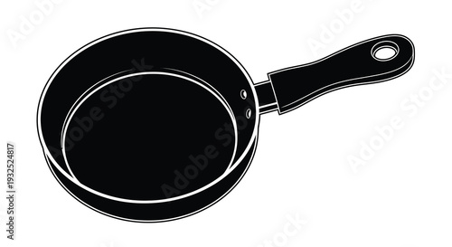 A stark black and white illustration depicts a frying pan resting on a white surface presented as a silhouette