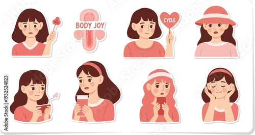 Women's menstrual cycle feelings and products vector illustration set