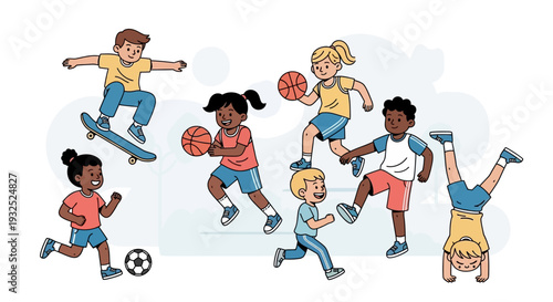 Diverse group of children actively engaged in various sports and recreational activities.